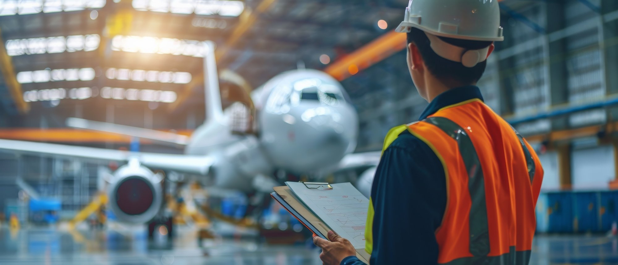 A worker studying an airplane.